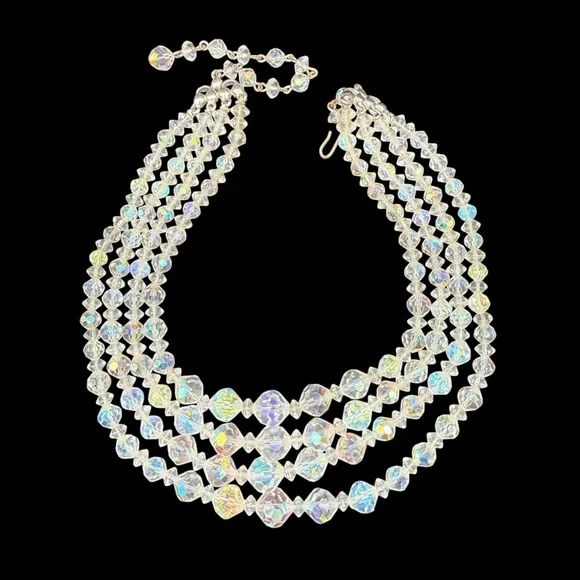 Vintage MCM Crystal Aurora Borealis Triple-Strand Necklace Rhinestone neck - Picture 4 of 9